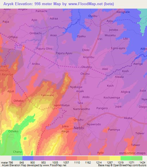 Aryek,Uganda Elevation Map