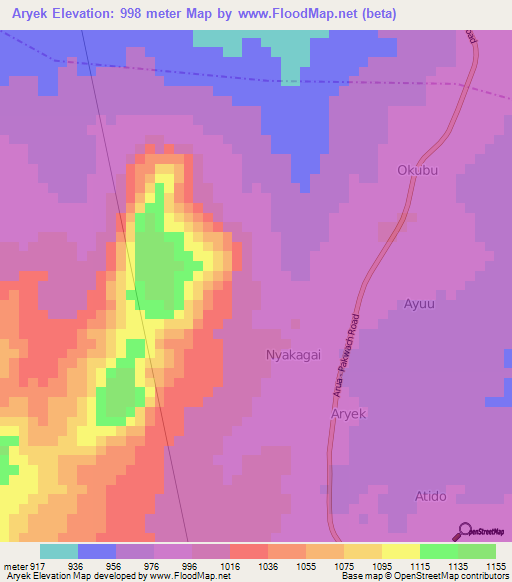 Aryek,Uganda Elevation Map