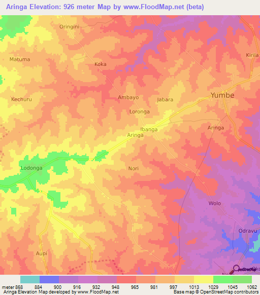 Aringa,Uganda Elevation Map
