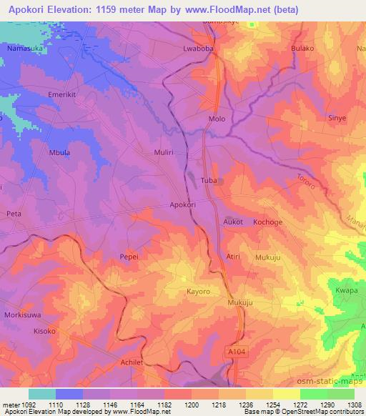 Apokori,Uganda Elevation Map