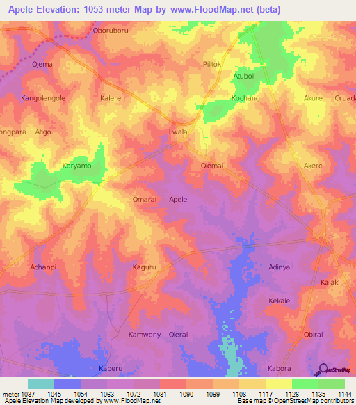 Apele,Uganda Elevation Map