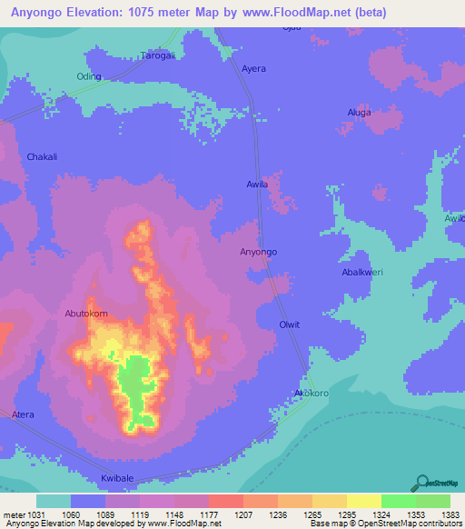 Anyongo,Uganda Elevation Map