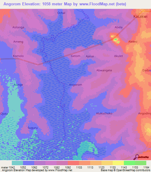 Angorom,Uganda Elevation Map