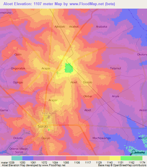 Aloet,Uganda Elevation Map