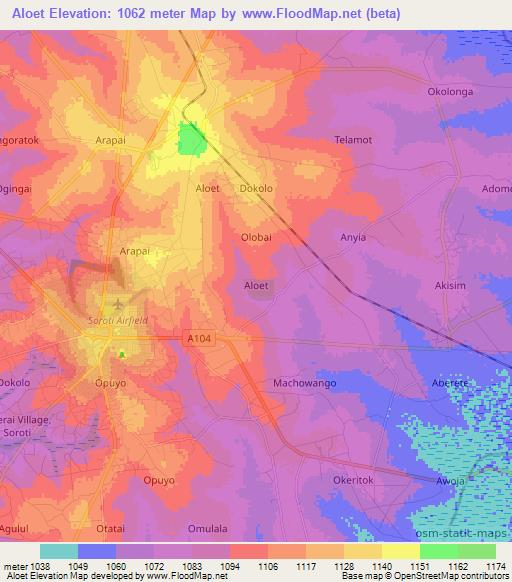Aloet,Uganda Elevation Map