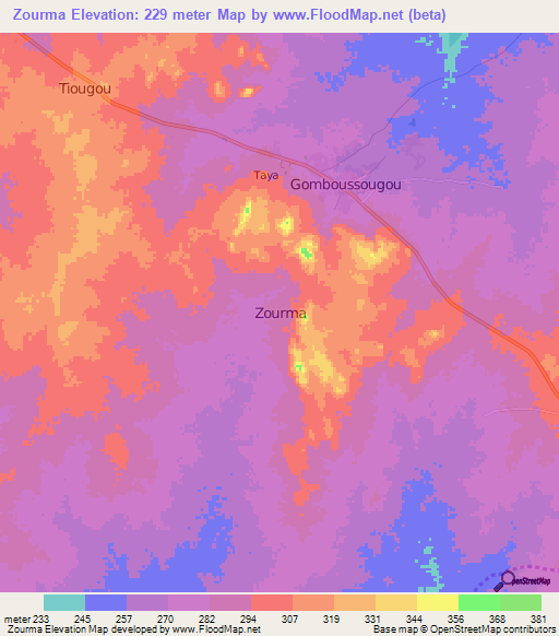 Zourma,Burkina Faso Elevation Map