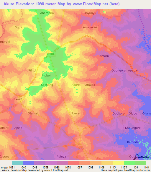 Akure,Uganda Elevation Map