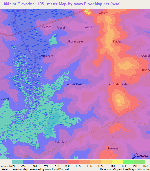 Akisim,Uganda Elevation Map