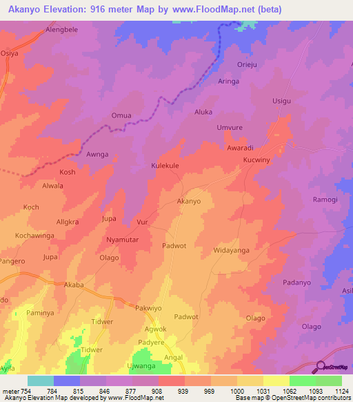 Akanyo,Uganda Elevation Map