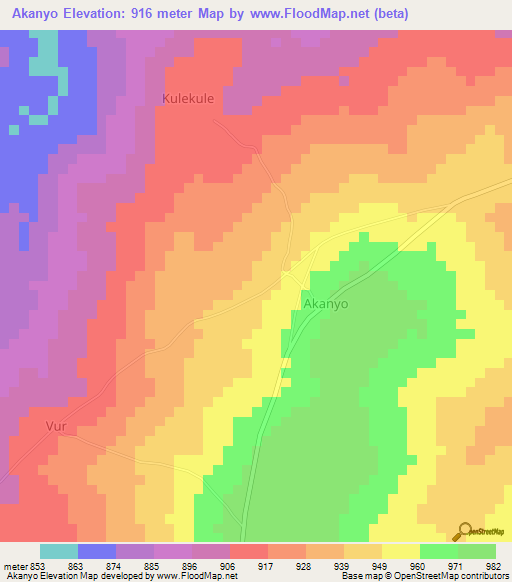 Akanyo,Uganda Elevation Map