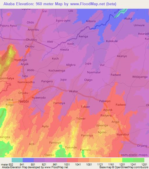 Akaba,Uganda Elevation Map