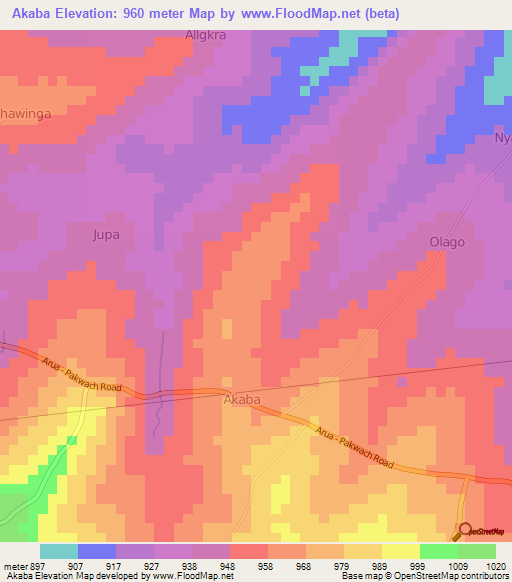Akaba,Uganda Elevation Map