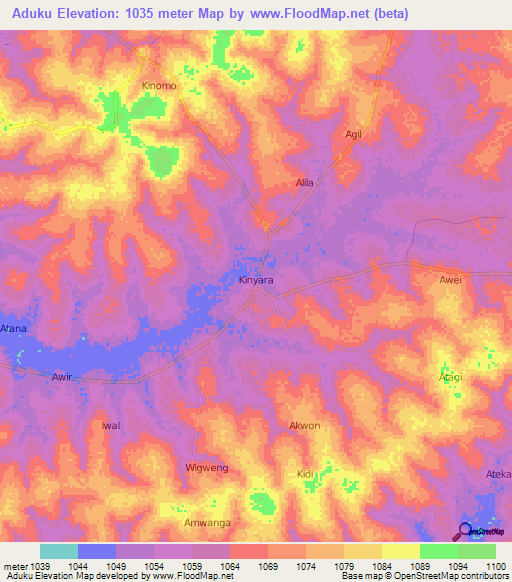 Aduku,Uganda Elevation Map