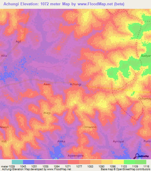 Achungi,Uganda Elevation Map