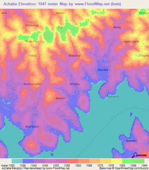 Achaba,Uganda Elevation Map