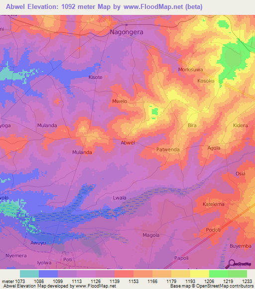 Abwel,Uganda Elevation Map