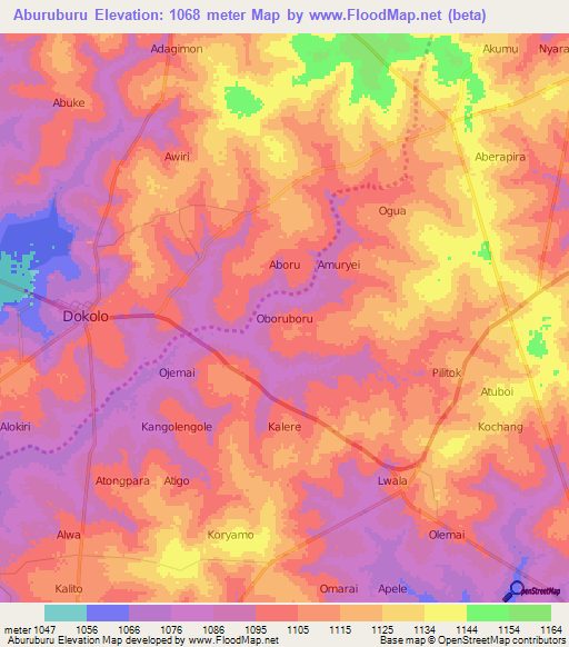 Aburuburu,Uganda Elevation Map