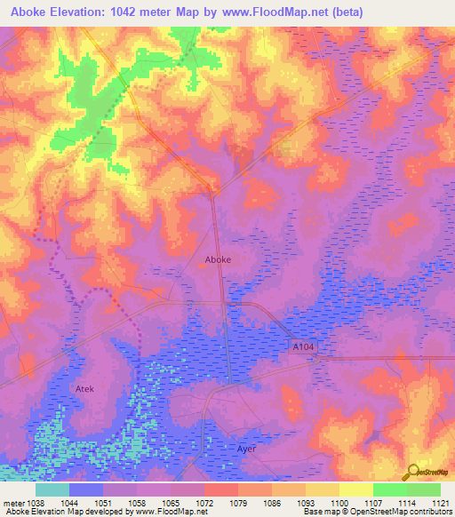 Aboke,Uganda Elevation Map