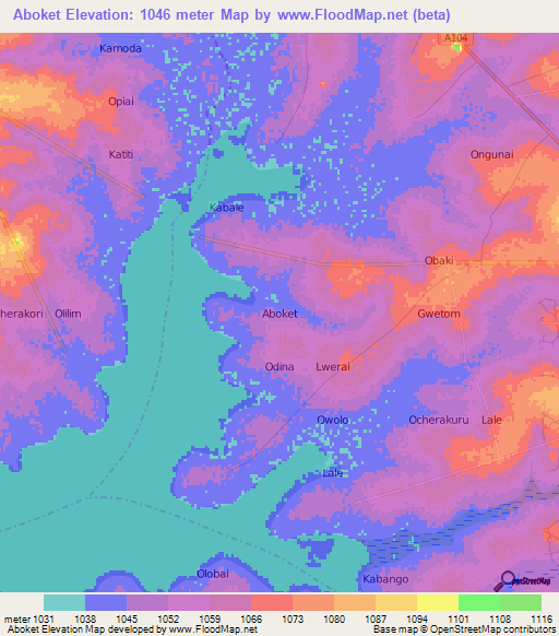Aboket,Uganda Elevation Map