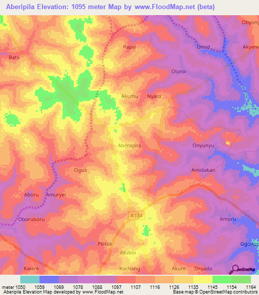 Aberipila,Uganda Elevation Map