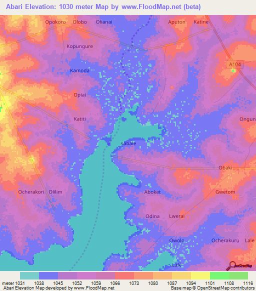 Abari,Uganda Elevation Map