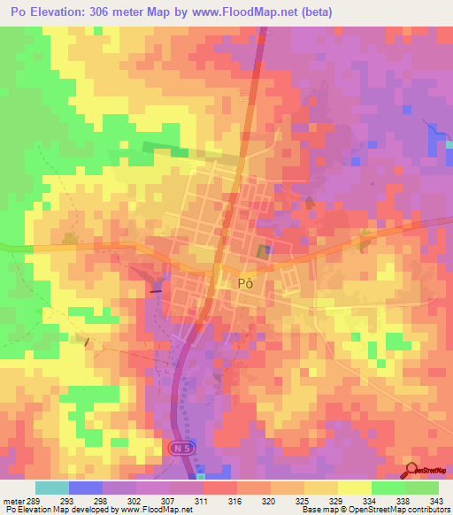 Po,Burkina Faso Elevation Map