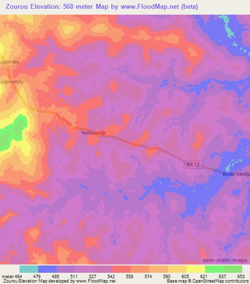 Zourou,Central African Republic Elevation Map
