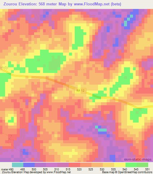 Zourou,Central African Republic Elevation Map