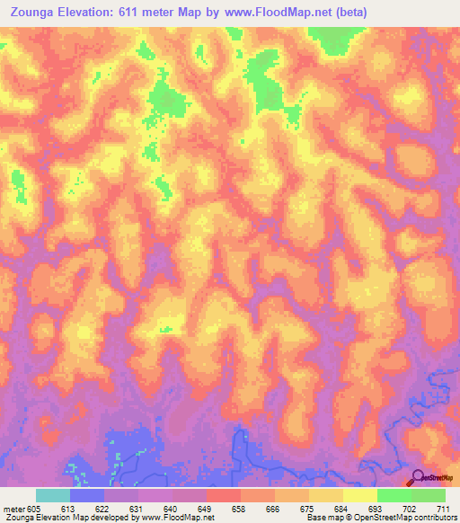 Zounga,Central African Republic Elevation Map