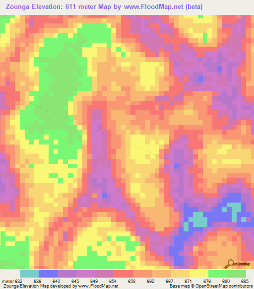 Zounga,Central African Republic Elevation Map