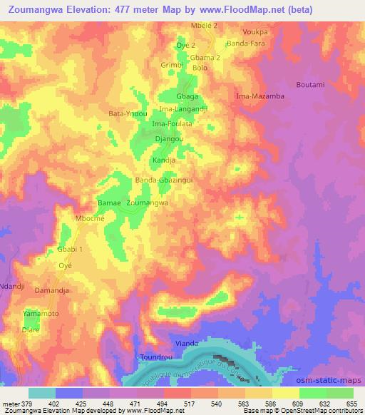 Zoumangwa,Central African Republic Elevation Map