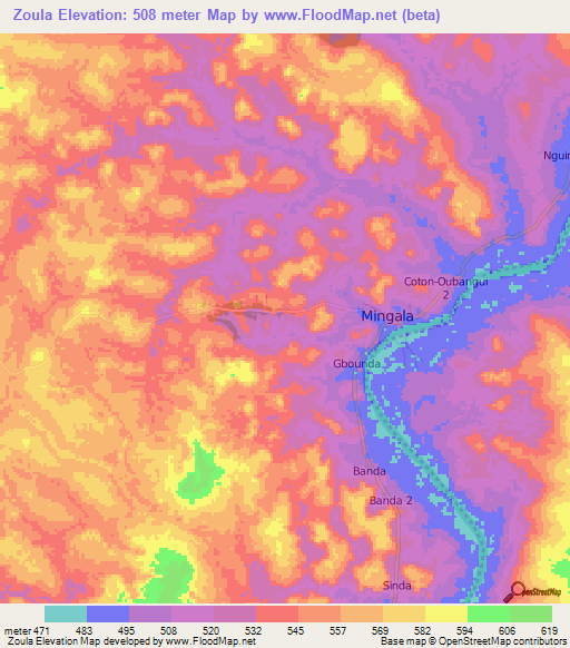 Zoula,Central African Republic Elevation Map