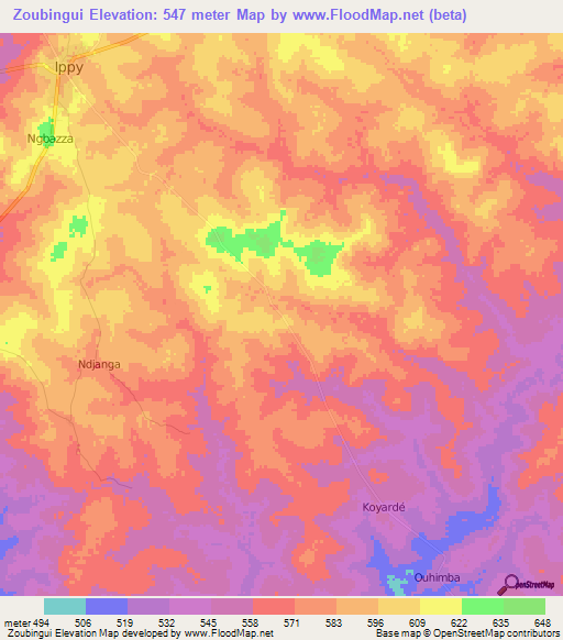Zoubingui,Central African Republic Elevation Map