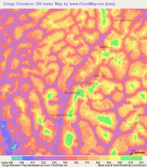 Zongo,Central African Republic Elevation Map