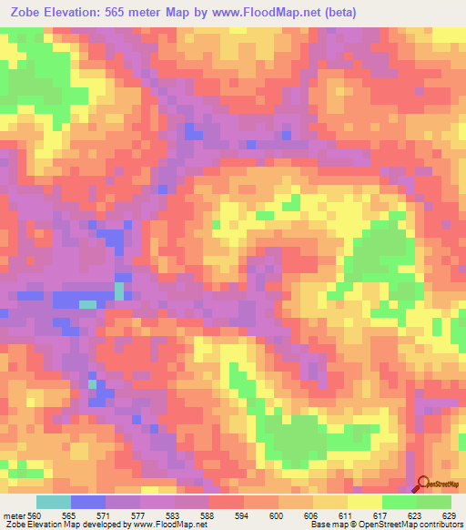 Zobe,Central African Republic Elevation Map