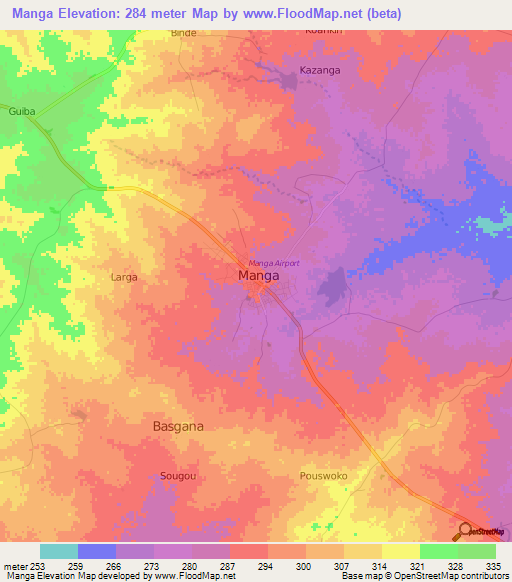 Manga,Burkina Faso Elevation Map