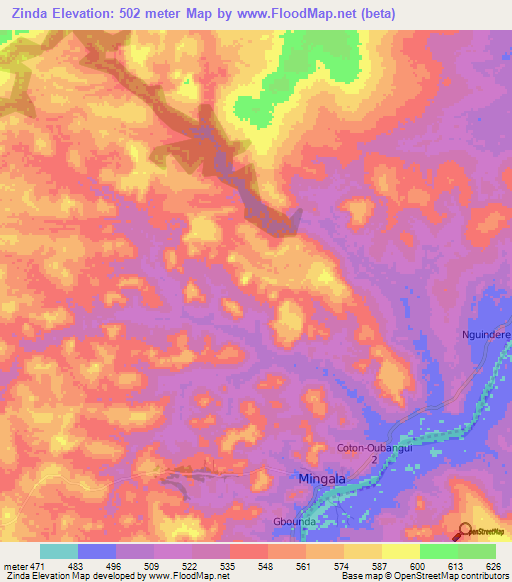 Zinda,Central African Republic Elevation Map