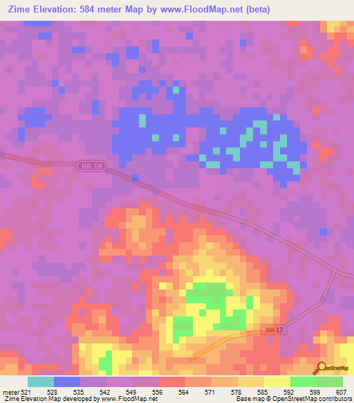 Zime,Central African Republic Elevation Map