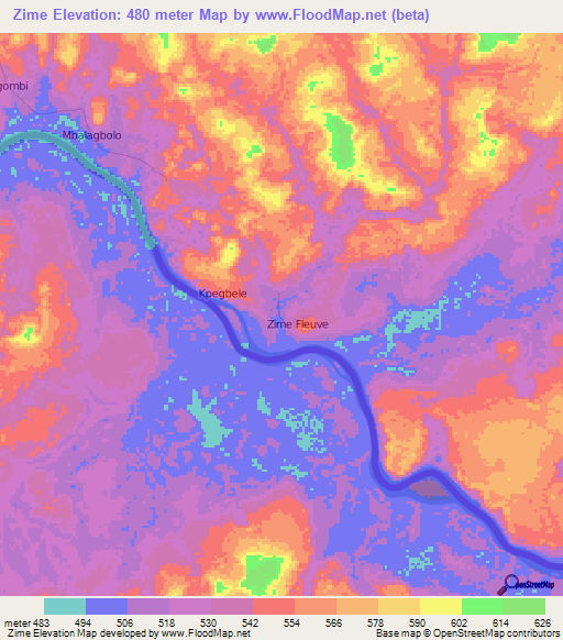 Zime,Central African Republic Elevation Map