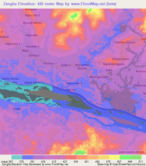 Zangba,Central African Republic Elevation Map