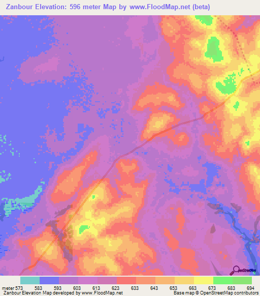 Zanbour,Central African Republic Elevation Map