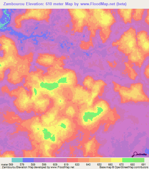 Zambourou,Central African Republic Elevation Map