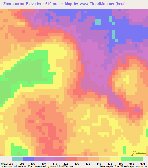 Zambourou,Central African Republic Elevation Map