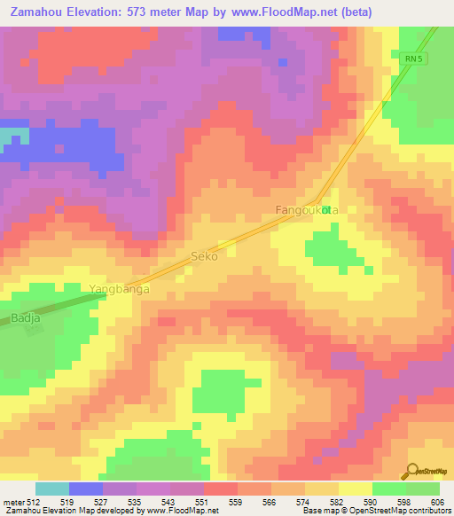 Zamahou,Central African Republic Elevation Map