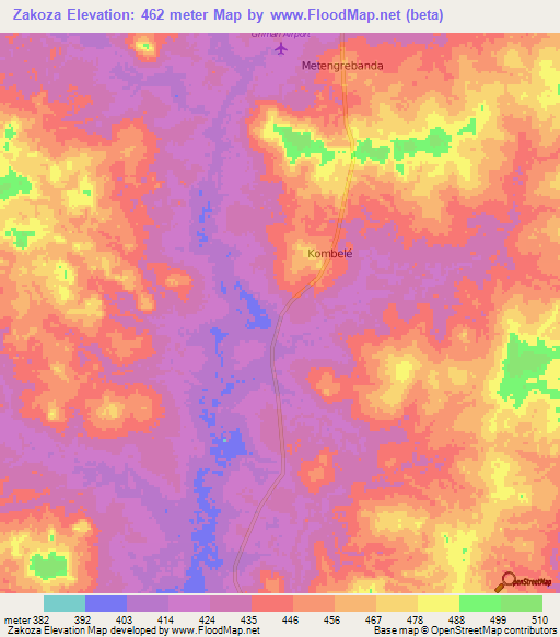 Zakoza,Central African Republic Elevation Map