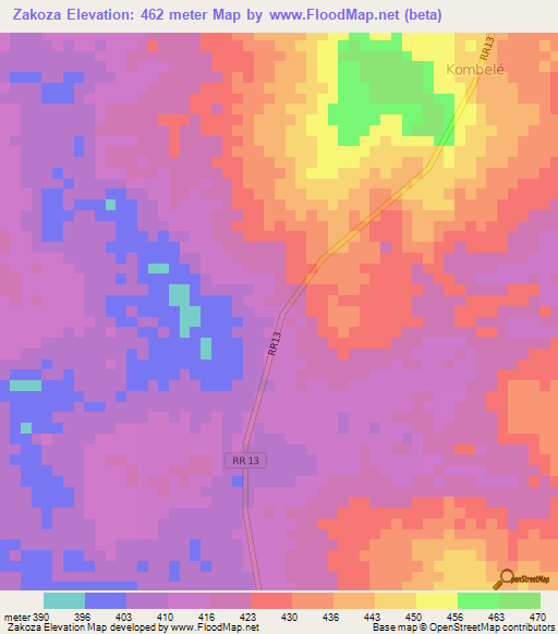 Zakoza,Central African Republic Elevation Map