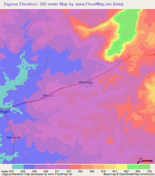 Zagoua,Central African Republic Elevation Map