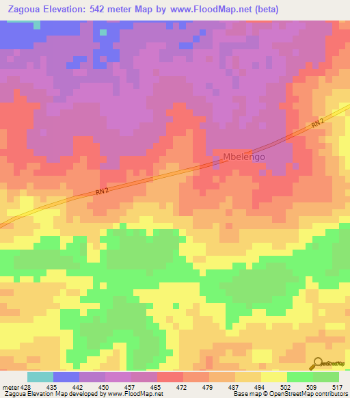 Zagoua,Central African Republic Elevation Map