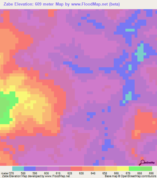 Zabe,Central African Republic Elevation Map