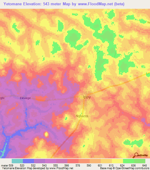 Yetomane,Central African Republic Elevation Map